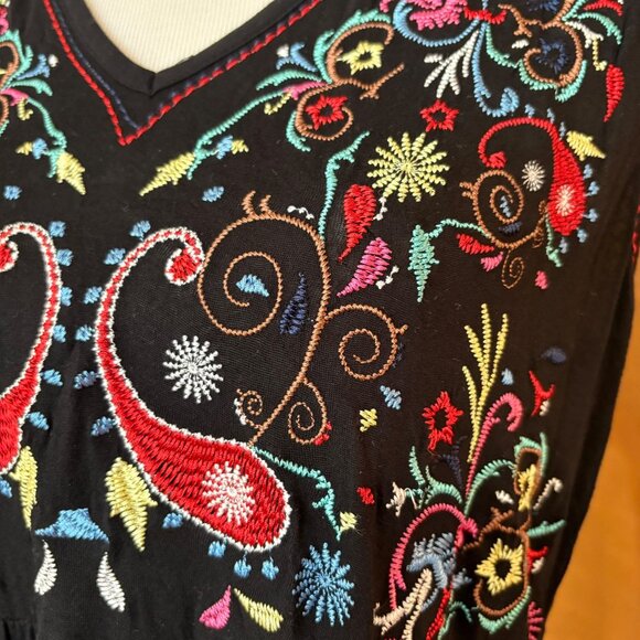 Boho Black Sleeveless Dress Stretch Embroidery Flowy 1X CottageCore DesignHist - Picture 2 of 12